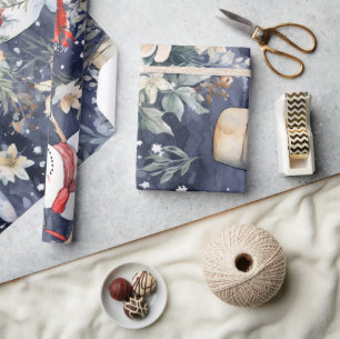 Papel De Presente Festivo Vintage Snowman e Florais de Natal