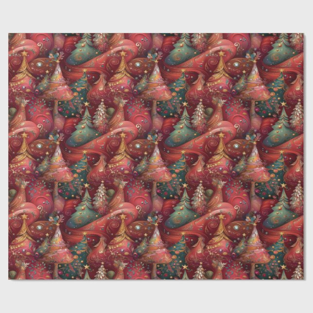 Papel De Presente Festliche Christbäume in üppigen Farben und Gold (Aberto)