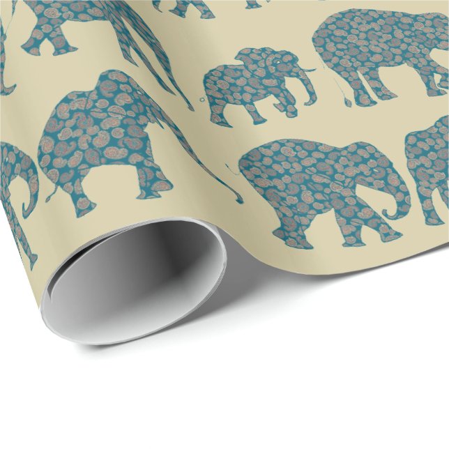 Papel De Presente Fileiras de elefantes de Paisley em Giftwrap bege (Ponta do rolo)