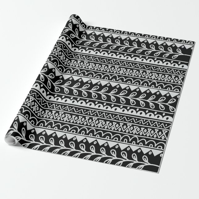 Papel De Presente Fileiras de padrões rabiscados em preto e branco (Desenrolado)