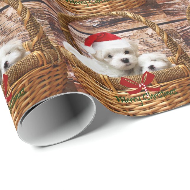Papel De Presente Filhos de Malta numa Cesta de Natal (Ponta do rolo)