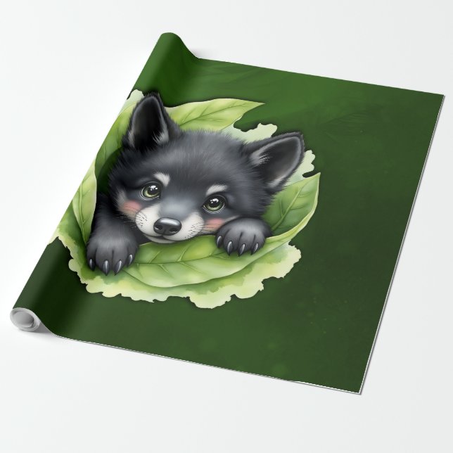 Papel De Presente Filhote de lobo no verde:  (Desenrolado)