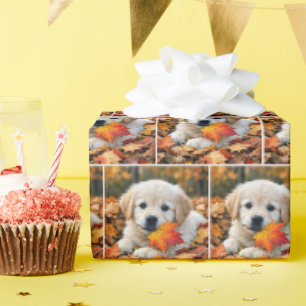 Papel De Presente Filhote de Retriever Dourado com Folha de Outono