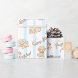 Papel De Presente Filhote fofo pastel azul bege aniversário feliz