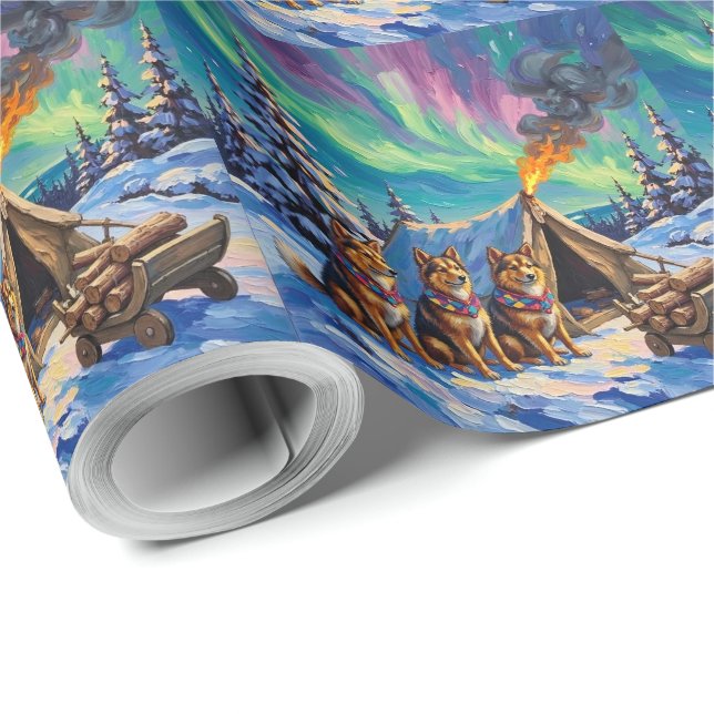 Papel De Presente Finnish Lapphund Christmas Northern Lights Arctic  (Ponta do rolo)