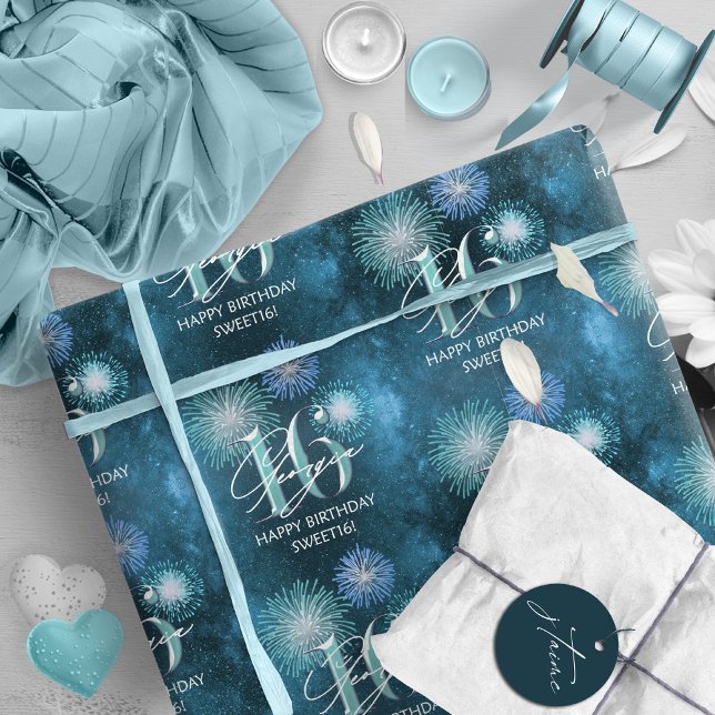 Papel De Presente Fireworks Sweet 16 Teal ID984 (Criador carregado)