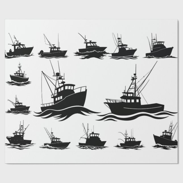 Papel De Presente Fishing Boat Silhouette Pattern Wrapping Paper (Aberto)
