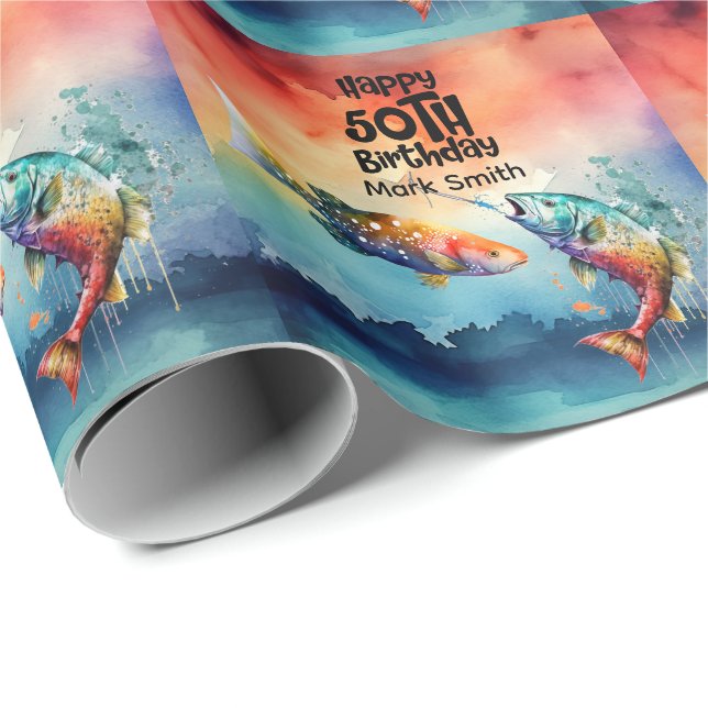 Papel De Presente Fishing lovers 50th  birthday Fish   watercolor   (Ponta do rolo)