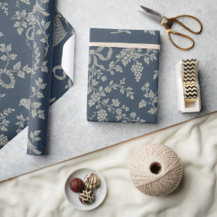 Papel De Presente Fita Azul e Creme Toile Francesa