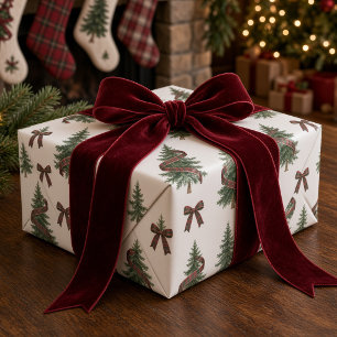 Papel De Presente Fita de Xadrez Vintage Árvore de Natal Laço Burgun