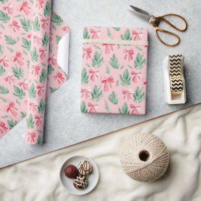 Papel De Presente Fita rosa e vermelha e ramo verde (Artesanato)