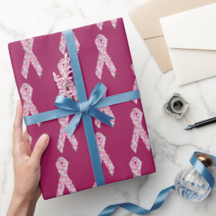 Papel De Presente Fita Rosa Floral de Sobrevivência do Câncer da M