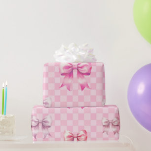 Papel De Presente Fita Rosa Fofa e Xadrez Padrão de Menina Doce