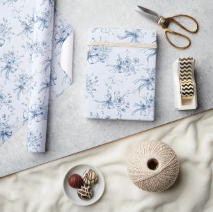 Papel De Presente Fitas Azuis e Laços Toile Coquette Padrão 