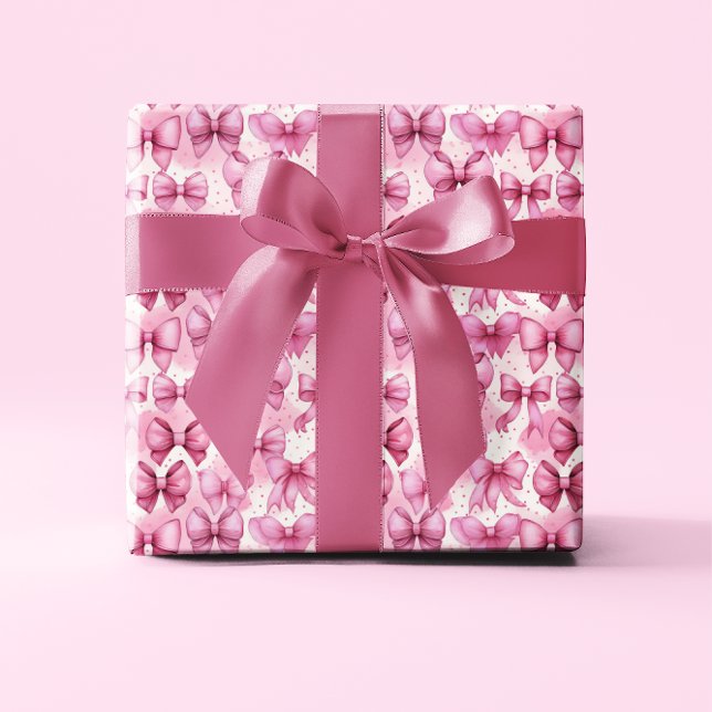 Papel De Presente Fitas de Arcos de coquetes brancos e elegantes (Elegant and Whimsical Pink Coquette Bows and Ribbons with Pink Polka Dots Wrapping Paper)