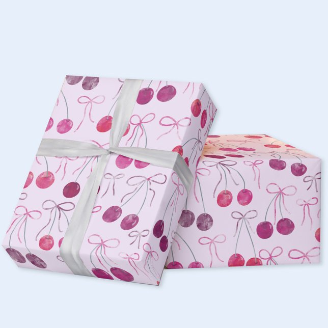 Papel De Presente Fitas de cerejas e Arcos Padrão de Aquarela (Cherries, ribbons and bows gift wrapping paper roll)