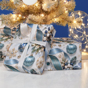 Papel De Presente Fitas de Natal Champanhe Azul Safira