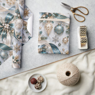 Papel De Presente Fitas de Natal Elegantes em Azul Turquesa e Dourad