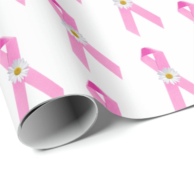 Papel De Presente Fitas e margaridas rosa sobre o câncer da mama (Ponta do rolo)