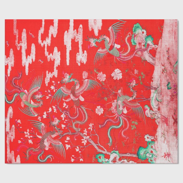 Papel De Presente Five Phoenixes in Garden Chinese Red Floral  (Aberto)
