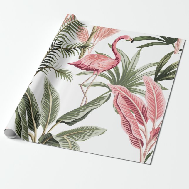 Papel De Presente Flamingo, bananeiras e galáxias, cor-de-rosa, trop (Desenrolado)