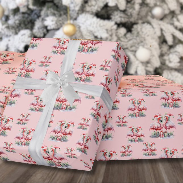 Papel De Presente Flamingo Beach Christmas (Festive Flamingo Beach Pink Christmas Wrapping Paper )