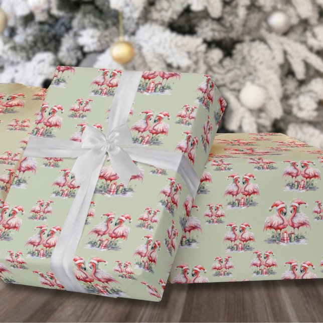 Papel De Presente Flamingo Christmas (Flamingo Beach Pink Green Christmas Wrapping Paper)