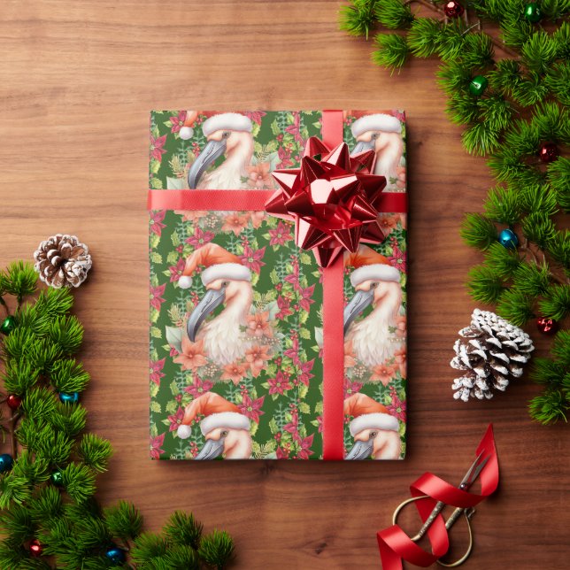 Papel De Presente Flamingo Christmas com Santa Hat e Poinsettia (Presente de Natal)