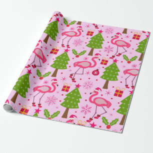 Papel De Presente Flamingo de Natal Tropical Com Pinheiro no Rosa