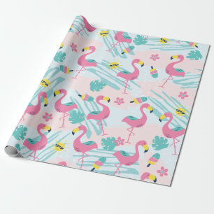 Papel De Presente Flamingo Engraçado Fofo Padrão Tropical Verde Ment