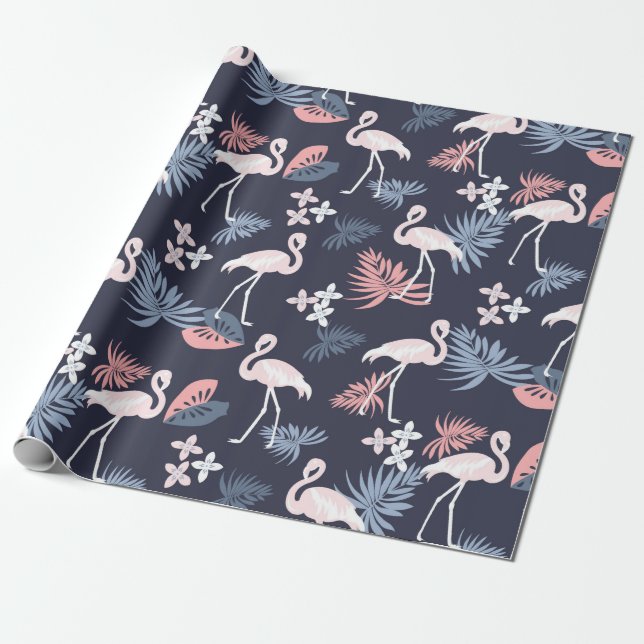 Papel De Presente Flamingo, Marinho monstera, azul-poeirado rosa-pin (Desenrolado)