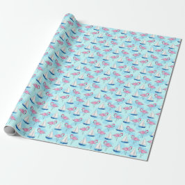 Papel De Presente Flamingo Rosa Barco à Vela Azul Preppy