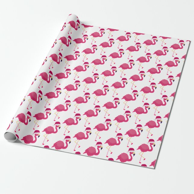 Papel De Presente Flamingo Rosa de Natal com Santa Hat (Desenrolado)