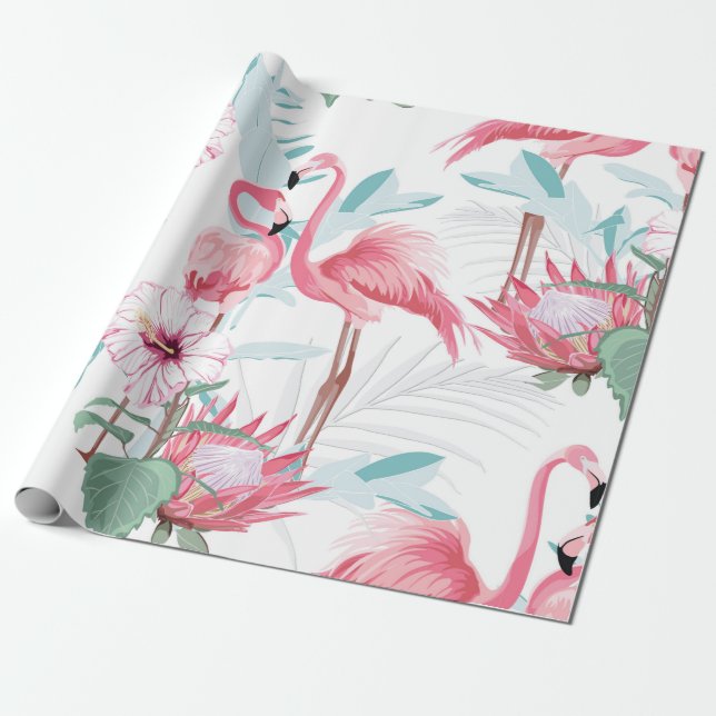 Papel De Presente Flamingo rosa e flores exóticas, folhas de palma,  (Desenrolado)