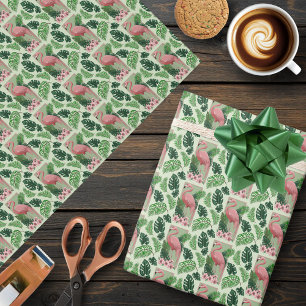 Papel De Presente Flamingo Rosa Tropical Folhas de Palmeira Verde Lí