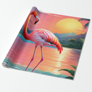 Papel De Presente Flamingo Sunset Praia Tropical