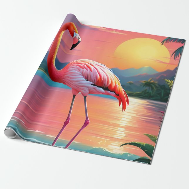 Papel De Presente Flamingo Sunset Praia Tropical (Desenrolado)