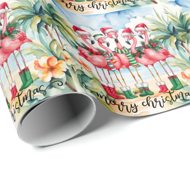 Papel De Presente Flamingo tema de Natal  (Ponta do rolo)