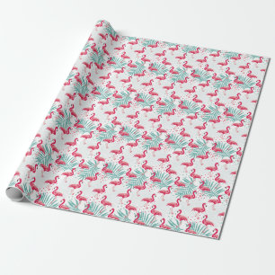 Papel De Presente Flamingo tropical e folhas, padrão de verão.