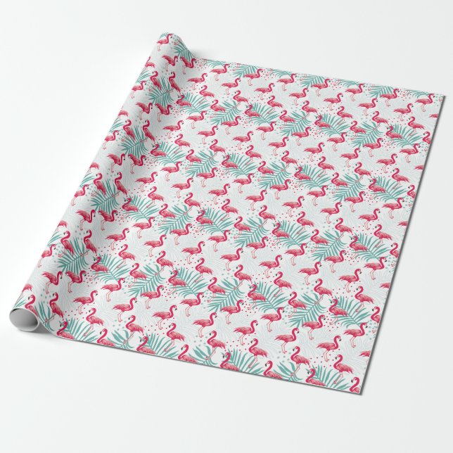 Papel De Presente Flamingo tropical e folhas, padrão de verão. (Desenrolado)