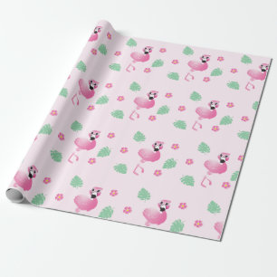 Papel De Presente Flamingo Tropical Leaf Flowers - Rosa claro-padrão
