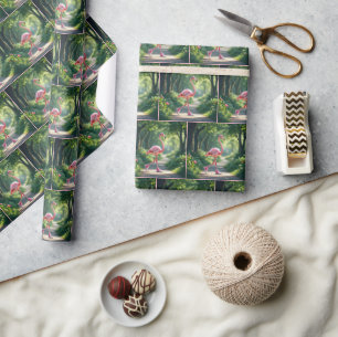 Papel De Presente Flamingo Usando Tênis Rosa e Fone de Ouvido