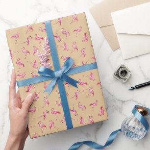 Papel De Presente Flamingos de Aquarela Espalhados em Laranja Claro