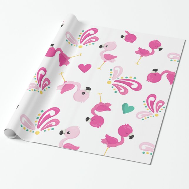 Papel De Presente Flamingos e Corações Rosa Caprichosos (Desenrolado)