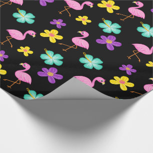 Papel De Presente Flamingos e flores cor-de-rosa e pretos