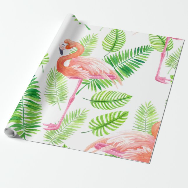 Papel De Presente Flamingos e folhas tropicais (Desenrolado)