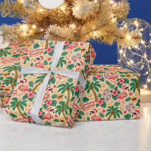Papel De Presente Flamingos e Palmeiras de Natal Tropicais