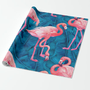 Papel De Presente Flamingos em folhas de bananas azuis