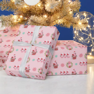 Papel De Presente Flamingos Festivos de Natal com Luz a Rosa