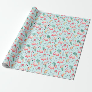Papel De Presente Flamingos Flores Tropicais Padrão de Aquarela